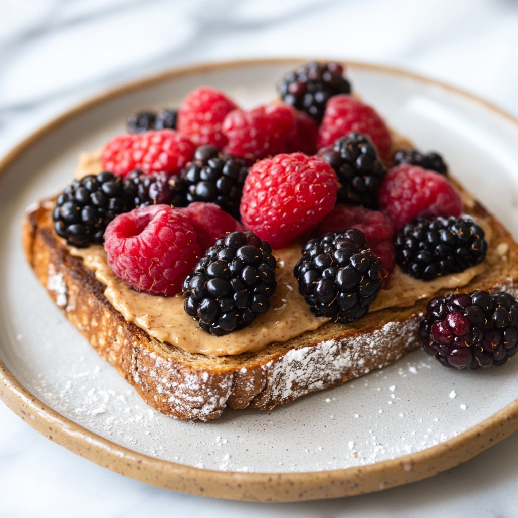 A slice of whole-grain toast topped with creamy almond butter, fresh raspberries, and blackberries, served on a ceramic plate.