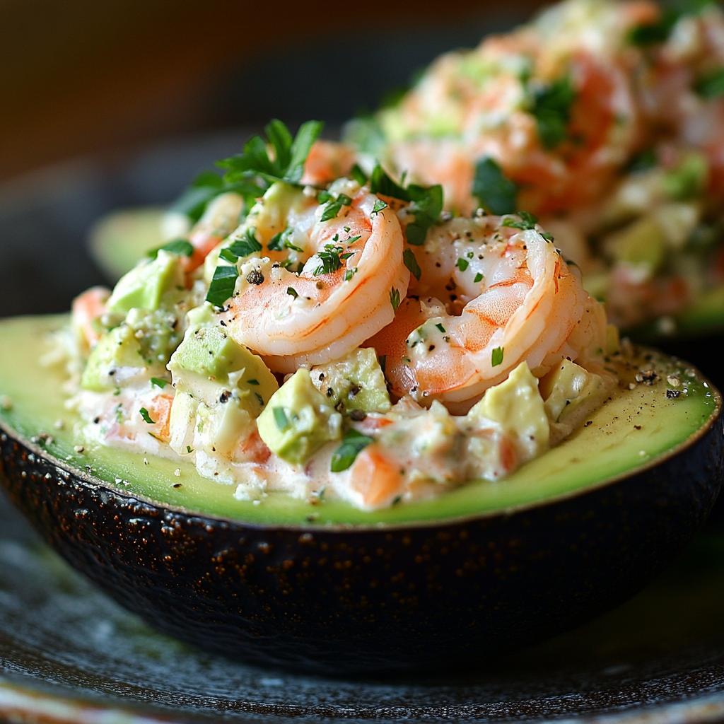 Avocado halves filled with a creamy shrimp and crab salad, garnished with fresh parsley and black pepper.