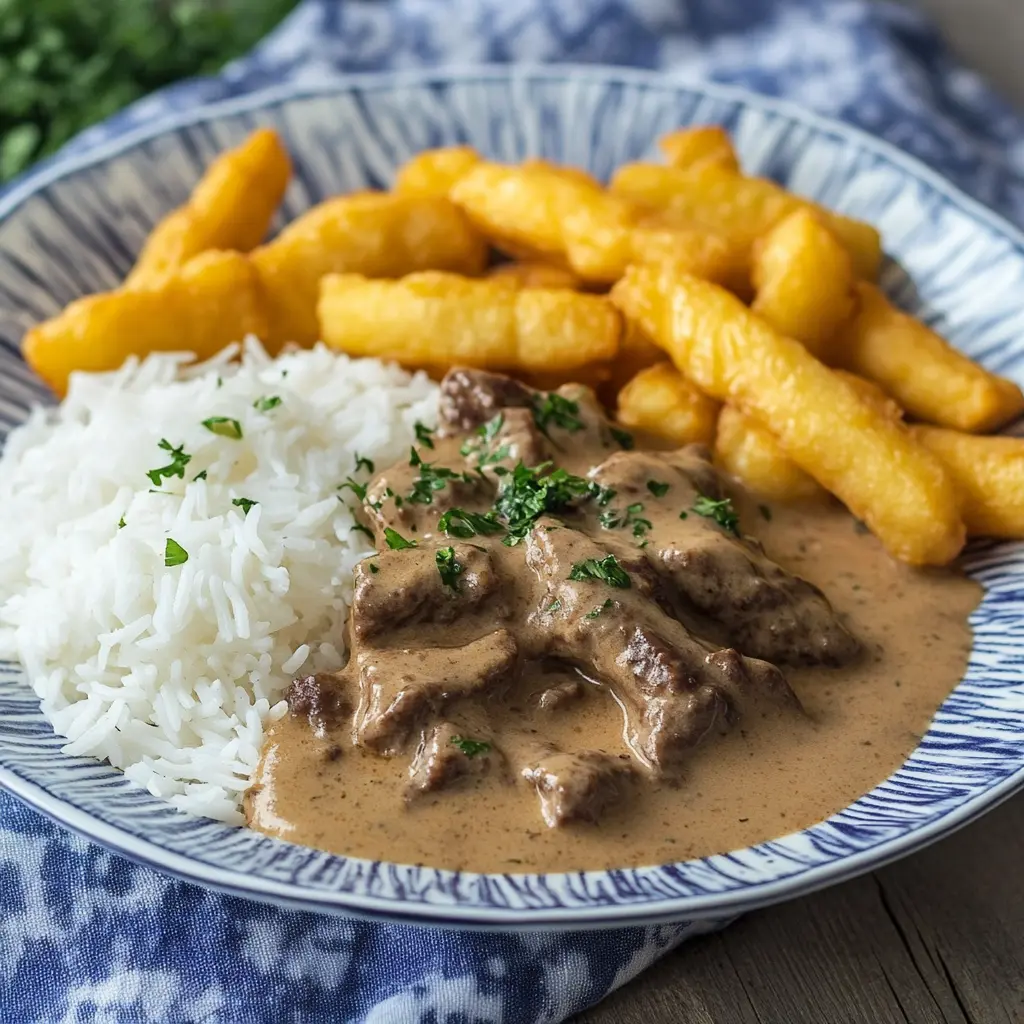 A plate of Brazilian beef stroganoff accompanied by white rice and crispy potato sticks, garnished with parsley on a rustic wooden table with tropical decor.