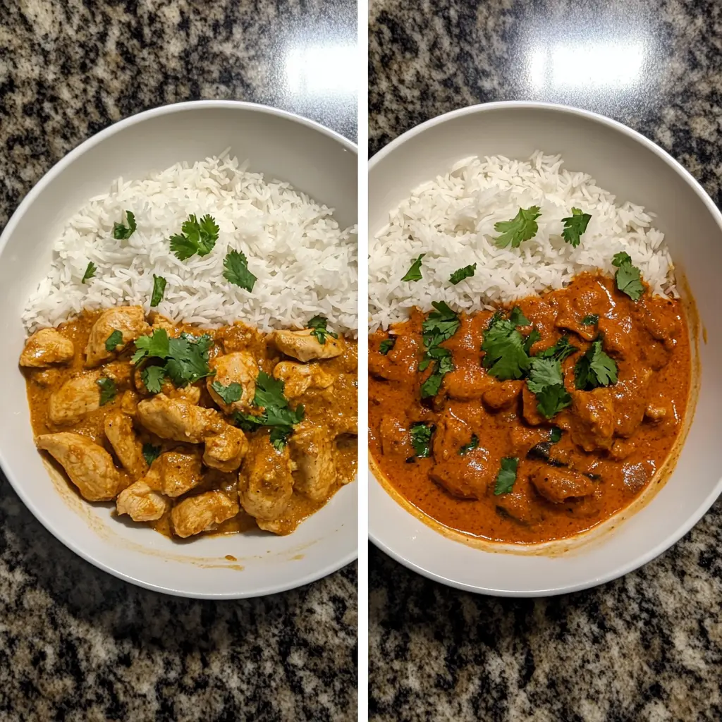 Two bowls side by side, one with butter chicken and the other with tikka masala, both served with white rice and garnished with cilantro.