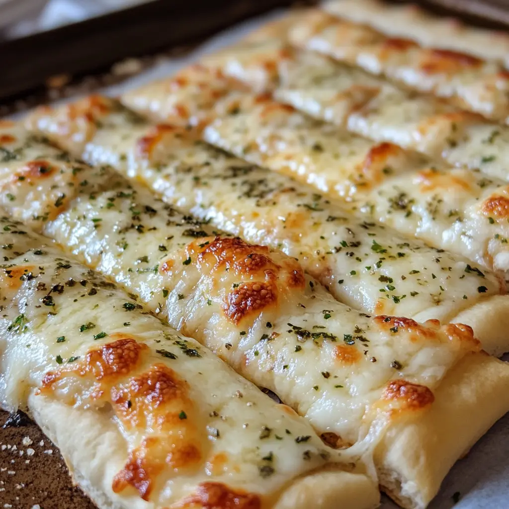 Golden, cheesy garlic breadsticks prepared with pizza dough, topped with melted cheese and fresh herbs.