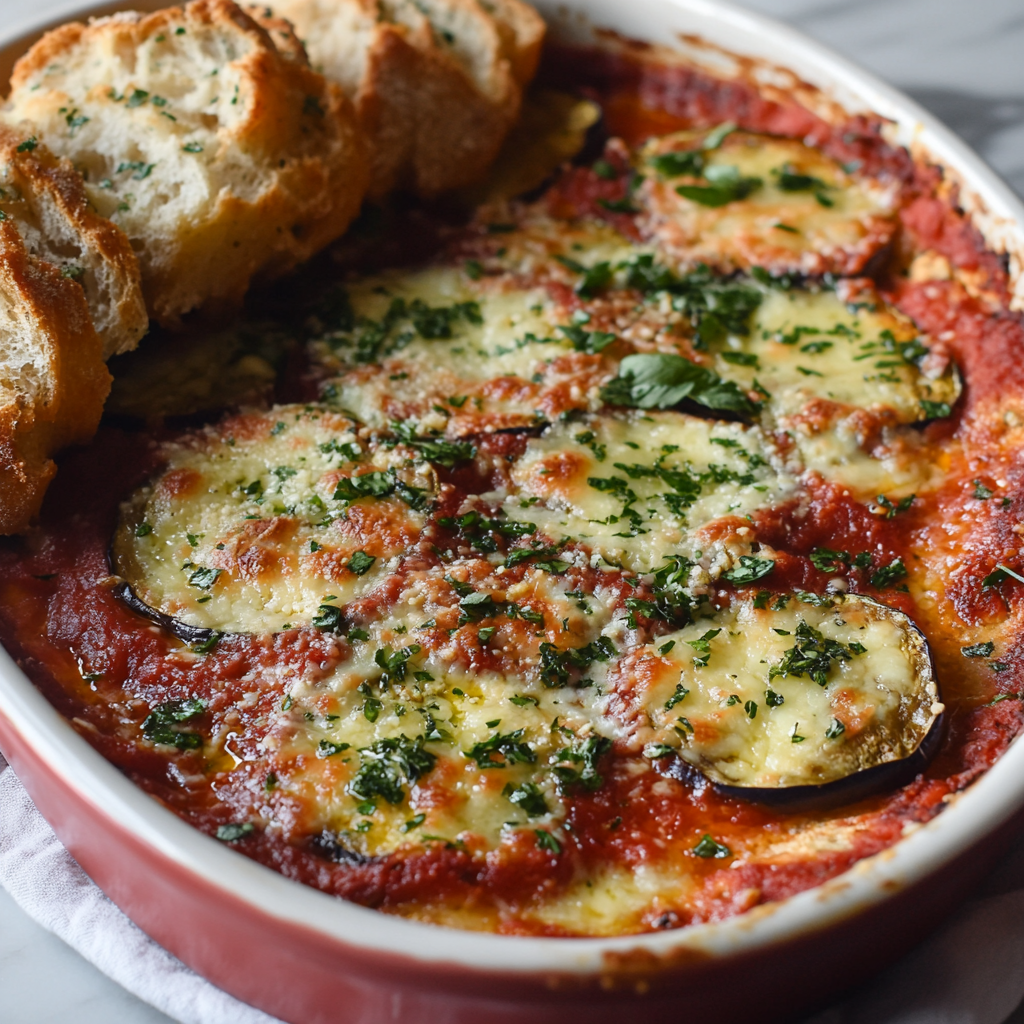 A baked dish of eggplant parmesan topped with melted cheese and fresh herbs, served alongside slices of golden garlic bread.