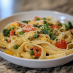 A creamy plate of Fettuccine Primavera Pasta topped with vibrant vegetables like broccoli, cherry tomatoes, peas, and Parmesan cheese.