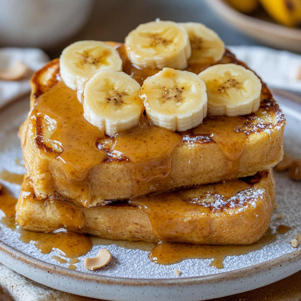 A stack of French toast topped with sliced bananas, creamy peanut butter, and drizzled with syrup, served on a plate.