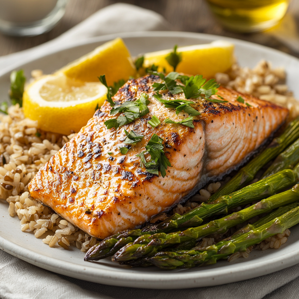 Grilled salmon fillet served on a bed of brown rice with roasted asparagus and lemon wedges, garnished with fresh parsley.