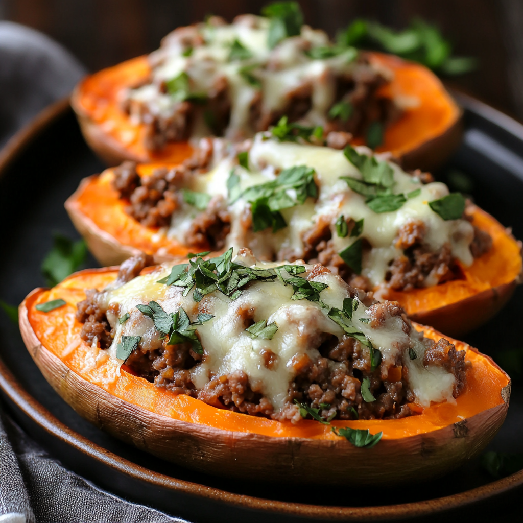 Three baked sweet potatoes stuffed with seasoned ground beef, melted cheese, and garnished with fresh parsley on a dark plate.