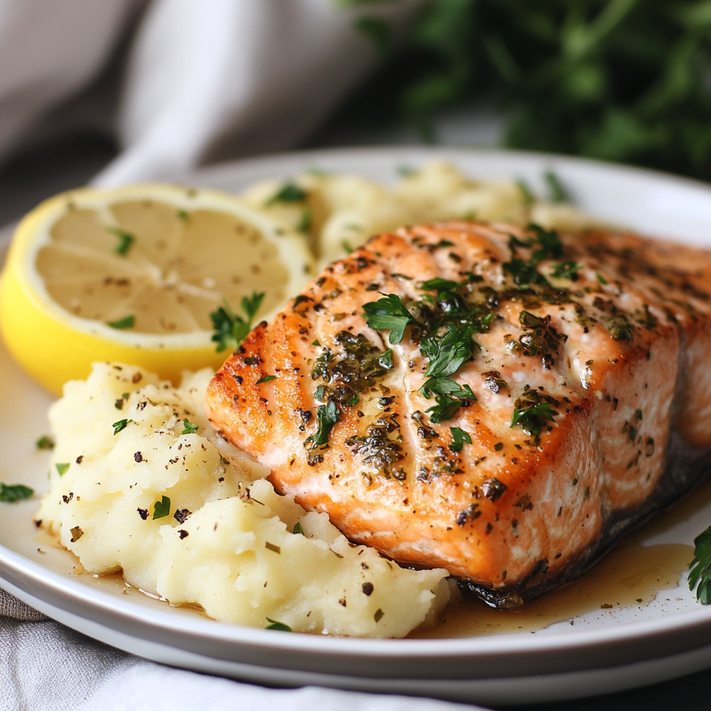A plate of perfectly cooked lemon herb salmon served with creamy garlic mashed potatoes and a fresh lemon wedge.