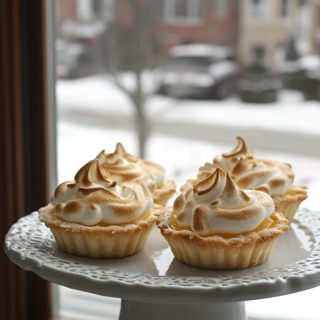 Mini lemon meringue tartlets with golden-brown peaks of meringue, displayed on a decorative cake stand by a window.