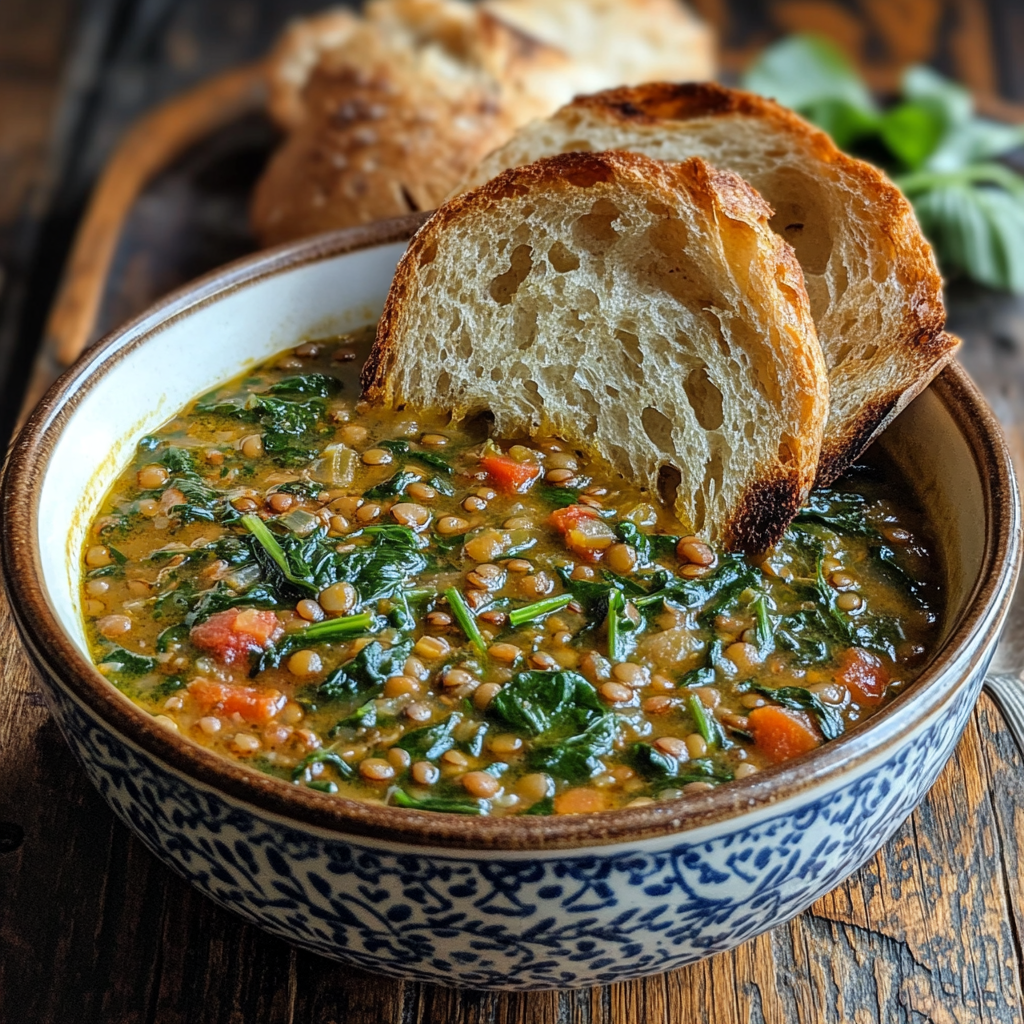 A hearty bowl of lentil and spinach soup, garnished with tomatoes, served with slices of toasted crusty bread.