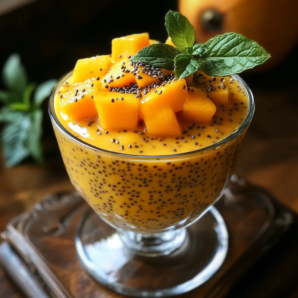 A glass of creamy mango pudding topped with fresh mango cubes, chia seeds, and a mint garnish.