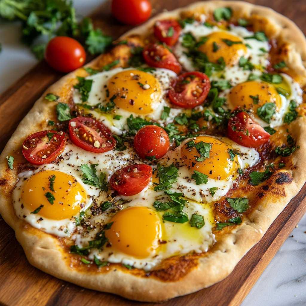 A Mediterranean breakfast flatbread topped with sunny-side-up eggs, cherry tomatoes, fresh herbs, and spices on a wooden board.