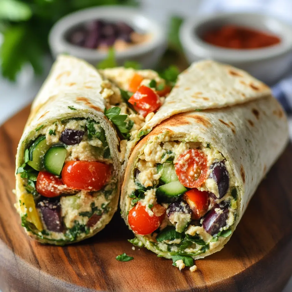 A Mediterranean veggie wrap filled with hummus, cucumbers, cherry tomatoes, olives, and fresh herbs, sliced and served on a wooden board.