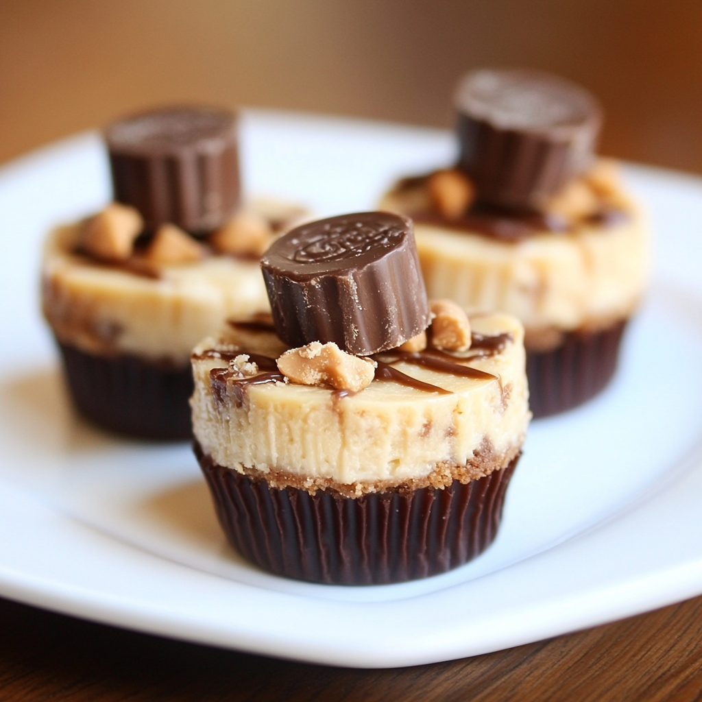 Mini peanut butter cup cheesecake topped with chopped peanut butter cups and chocolate chunks, served on a white plate.