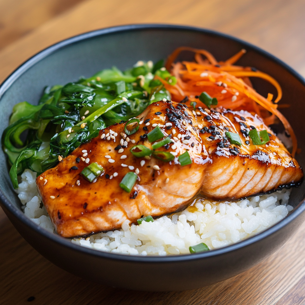 A bowl of miso-glazed salmon served on a bed of white rice with sautéed greens, shredded carrots, and sesame seeds.