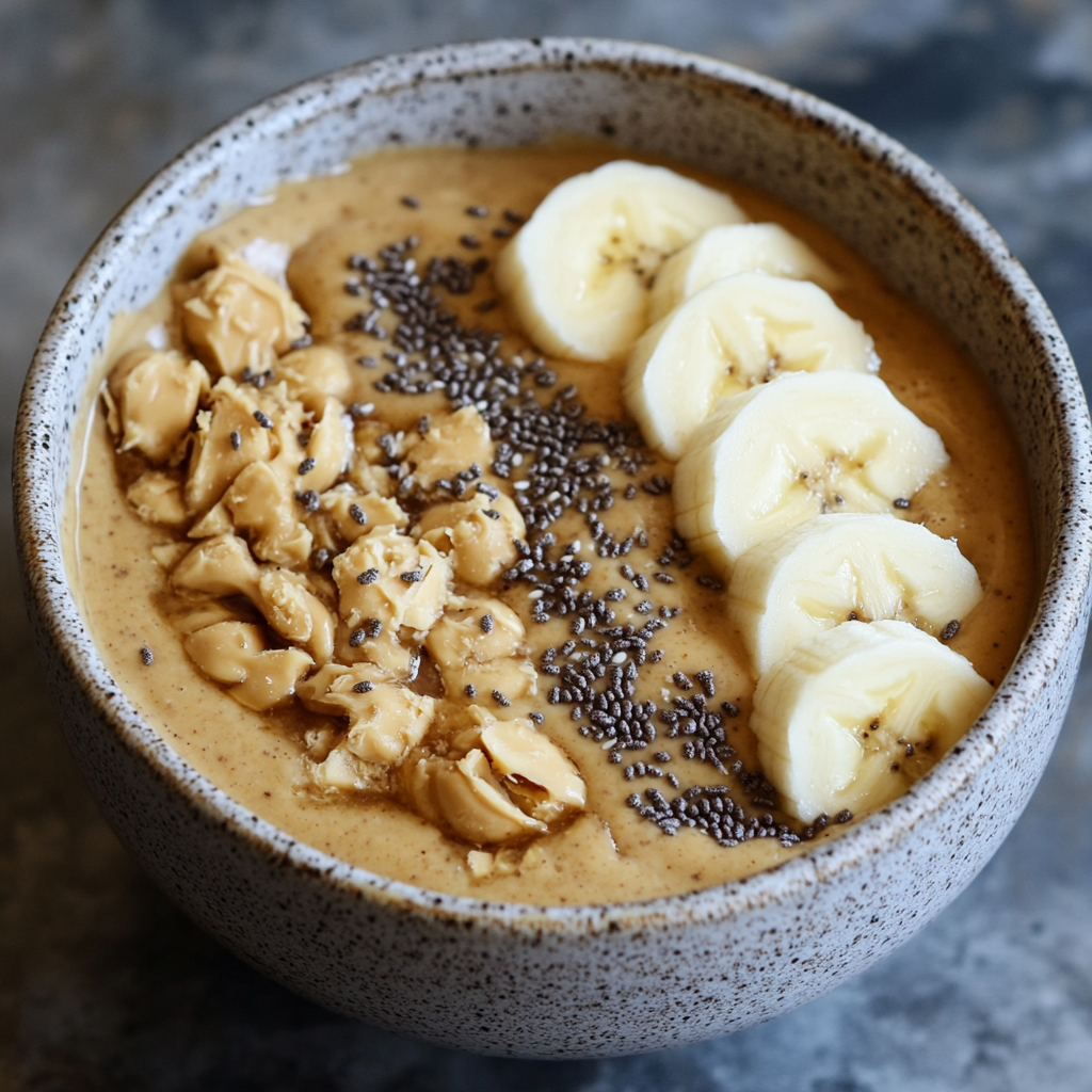 Peanut Butter and Banana Smoothie Bowl topped with fresh banana slices, chia seeds, chocolate chips, and a drizzle of peanut butter.