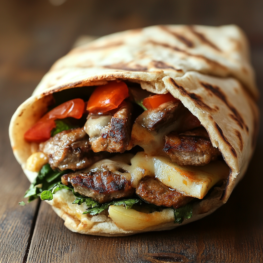 Grilled pita pocket sandwich filled with seasoned meat, melted cheese, fresh vegetables, and greens on a wooden surface.