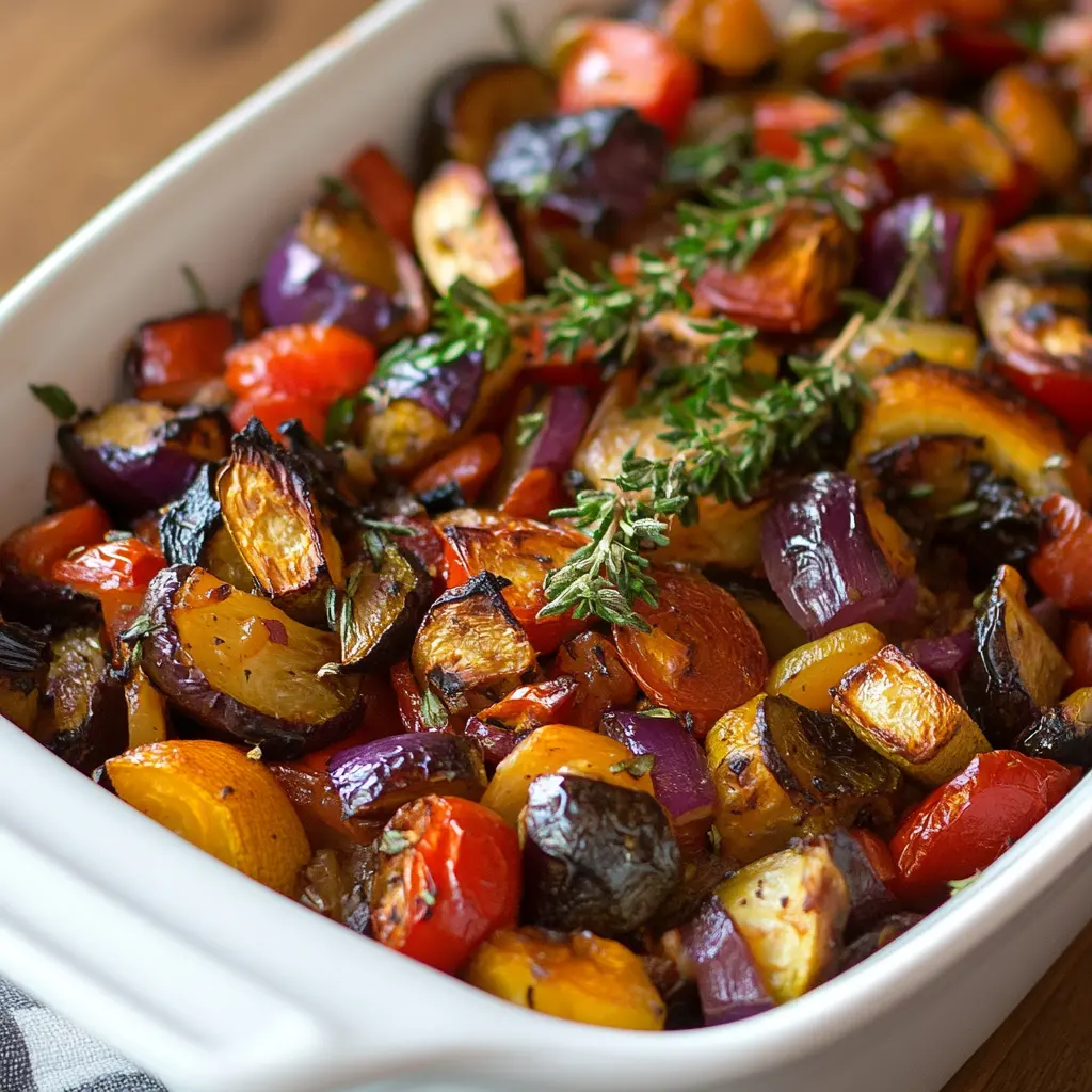 A dish of roasted vegetable ratatouille with colorful vegetables like eggplant, bell peppers, and cherry tomatoes, garnished with fresh thyme sprigs.