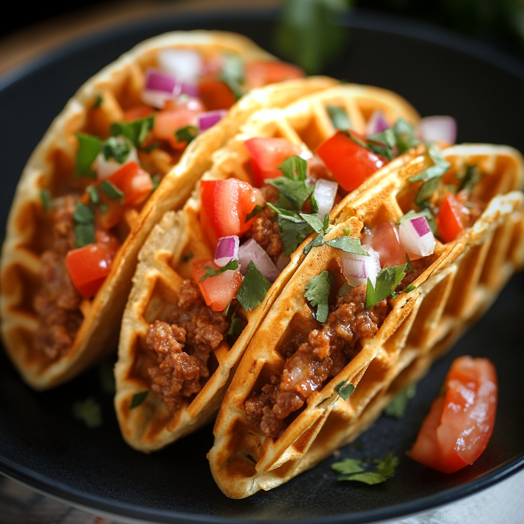 Crispy waffle tacos filled with seasoned ground meat, fresh tomatoes, red onions, and cilantro, served on a black plate.