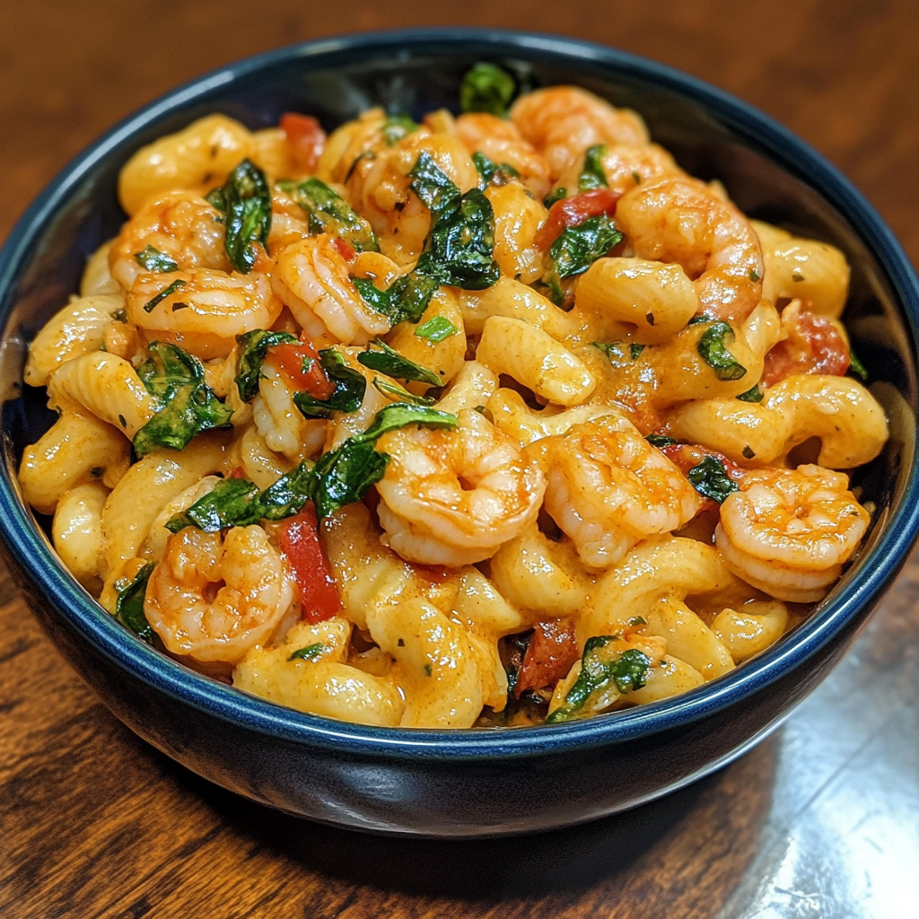 A bowl of creamy Alfredo pasta with spicy shrimp, fresh spinach, and diced tomatoes, served in a black bowl.