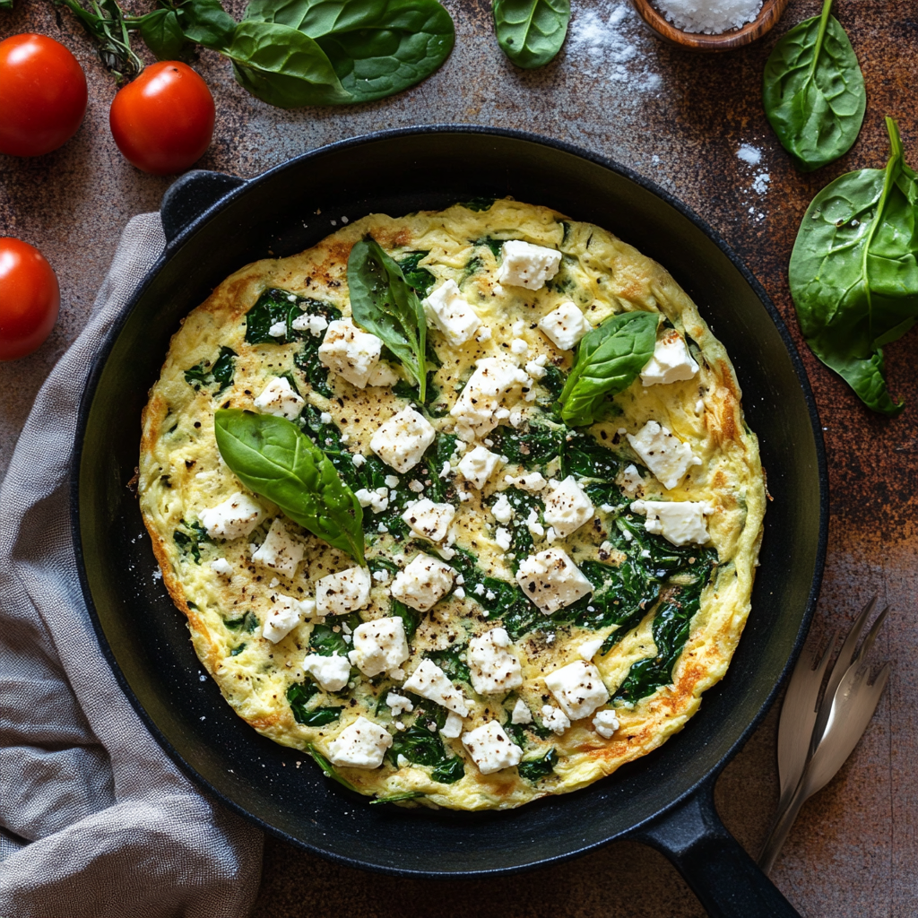 Freshly made spinach and feta omelette in a black skillet, garnished with basil leaves and surrounded by fresh spinach and tomatoes.