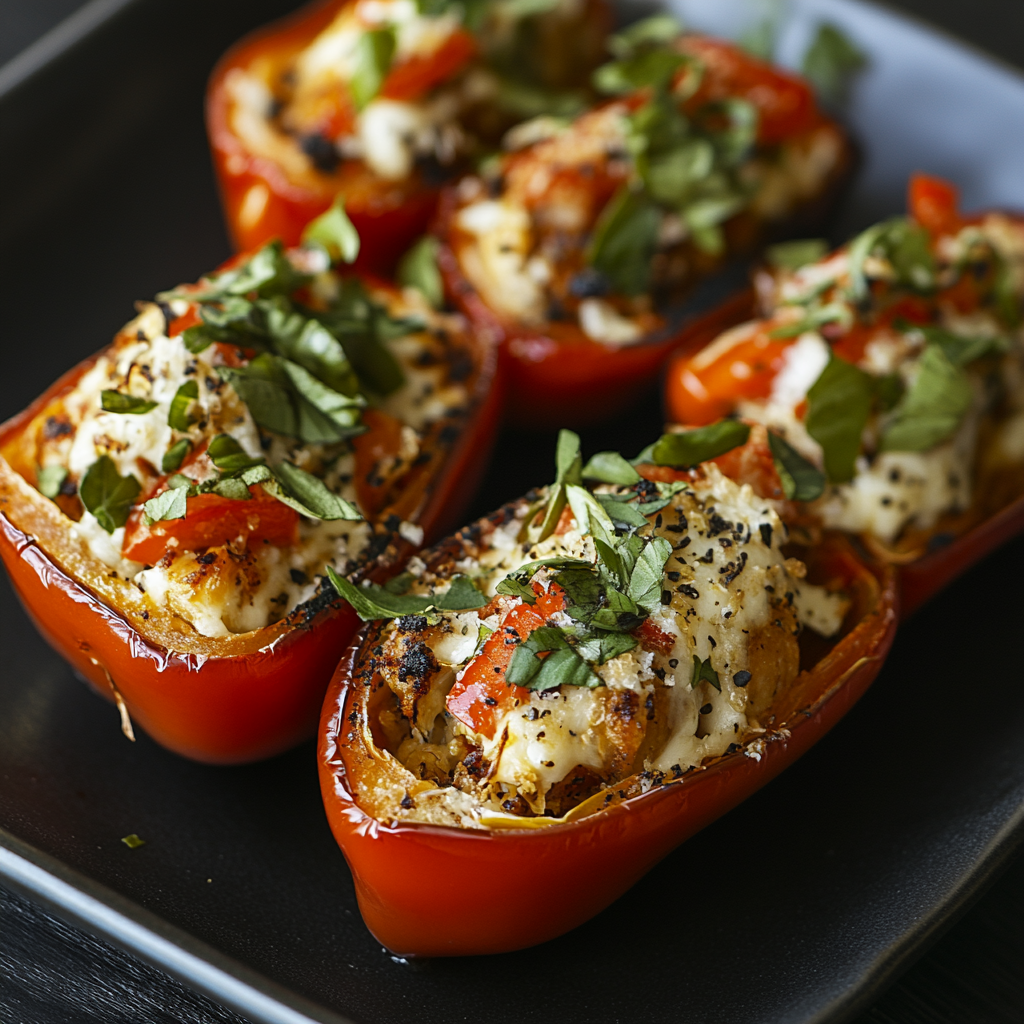 Red bell peppers halved and stuffed with a savory mixture of cheese, herbs, and vegetables, garnished with fresh basil.