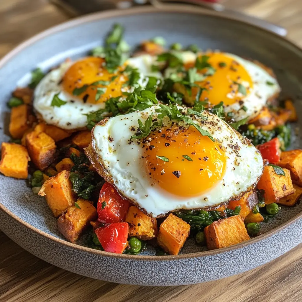 A hearty sweet potato hash topped with perfectly fried eggs, garnished with fresh herbs.