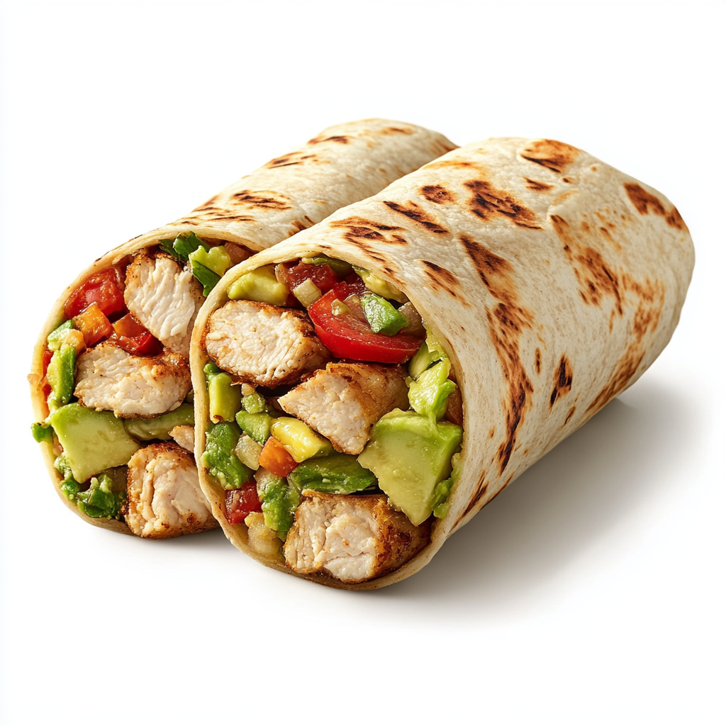 Two halves of a Turkey and Avocado Wrap filled with tender turkey, fresh avocado, tomatoes, and vegetables, wrapped in a golden tortilla.