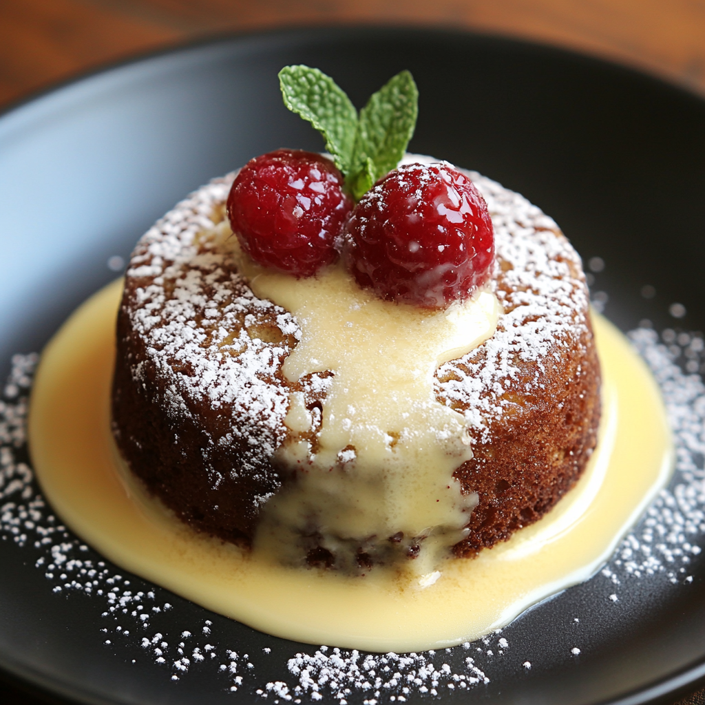 A decadent white chocolate lava cake topped with raspberries and a sprig of mint, served with powdered sugar and a creamy sauce.