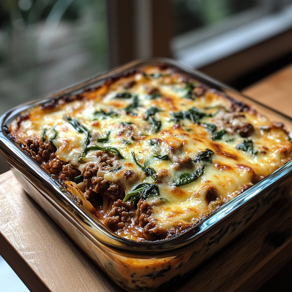 Freshly baked Beef and Spinach Lasagna in a glass baking dish, topped with melted cheese and wilted spinach leaves.