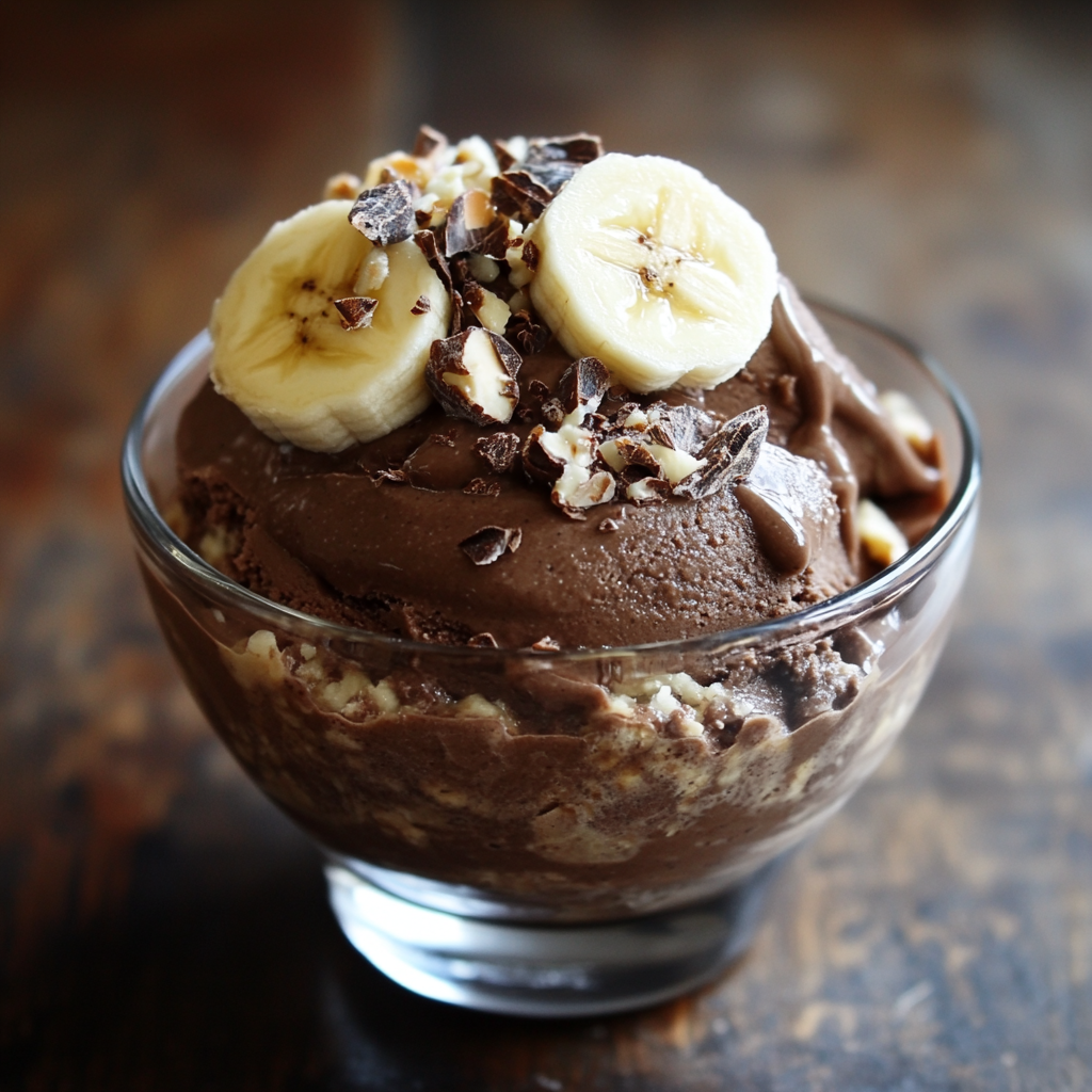 Bowl of chocolate banana nice cream topped with fresh banana slices, chopped nuts, and chocolate shavings on a rustic wooden table.