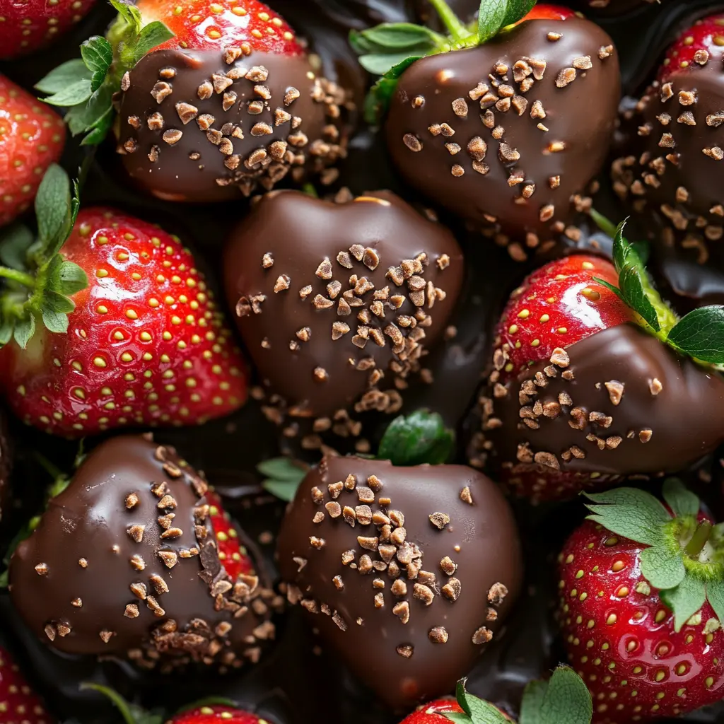 Frozen strawberries dipped in rich chocolate and sprinkled with crunchy toppings, creating a delightful treat.