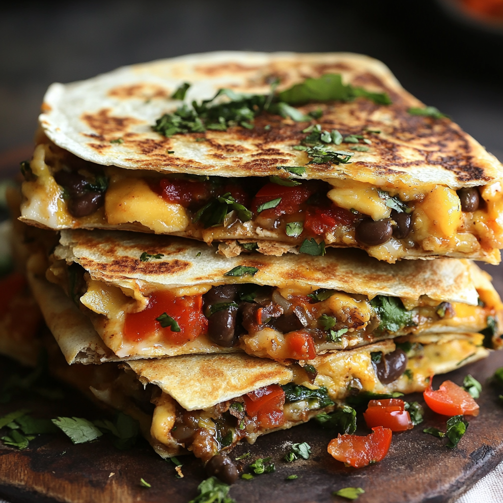 Stacked high protein breakfast quesadilla slices filled with melted cheese, black beans, salsa, and fresh cilantro on a wooden plate.