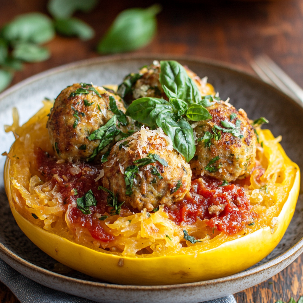 A vibrant dish of spaghetti squash with turkey meatballs served in a squash shell, topped with marinara sauce, basil, and Parmesan cheese.