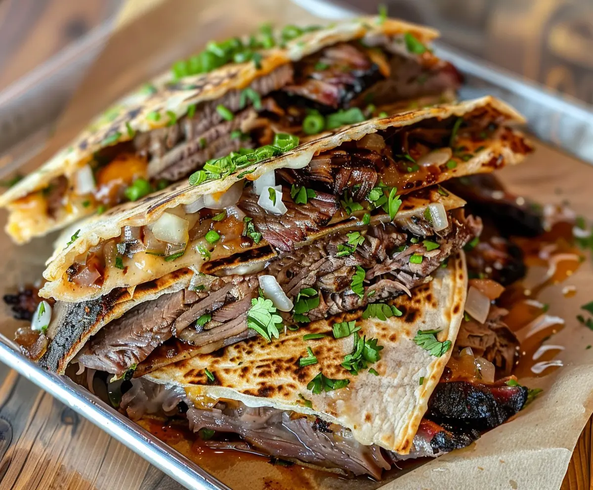 Close-up of a crispy brisket quesadilla filled with smoky brisket, melted cheese, diced onions, and fresh cilantro on a serving tray.