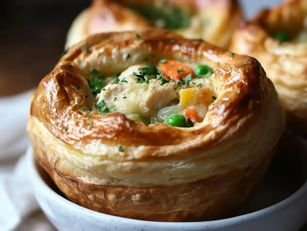 A golden, flaky popover filled with creamy chicken pot pie filling, topped with fresh parsley.