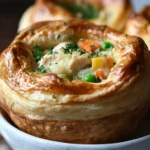 A golden, flaky popover filled with creamy chicken pot pie filling, topped with fresh parsley.