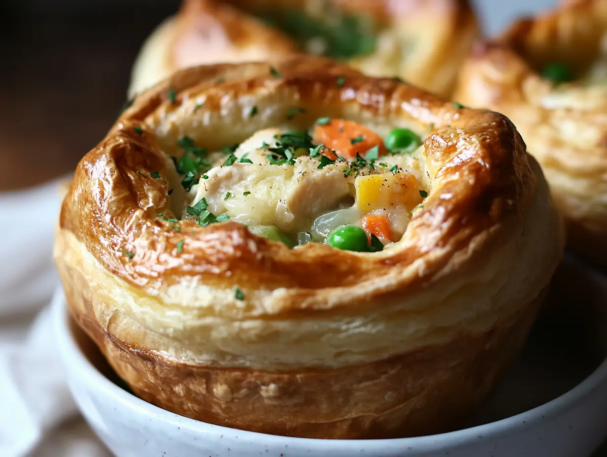 A golden, flaky popover filled with creamy chicken pot pie filling, topped with fresh parsley.