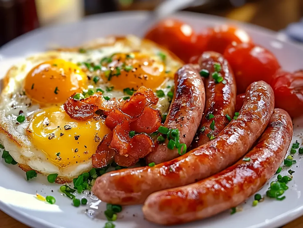 A hearty breakfast plate featuring golden fried eggs, crispy bacon, grilled breakfast sausage links, and roasted tomatoes, garnished with fresh herbs.