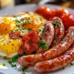A hearty breakfast plate featuring golden fried eggs, crispy bacon, grilled breakfast sausage links, and roasted tomatoes, garnished with fresh herbs.