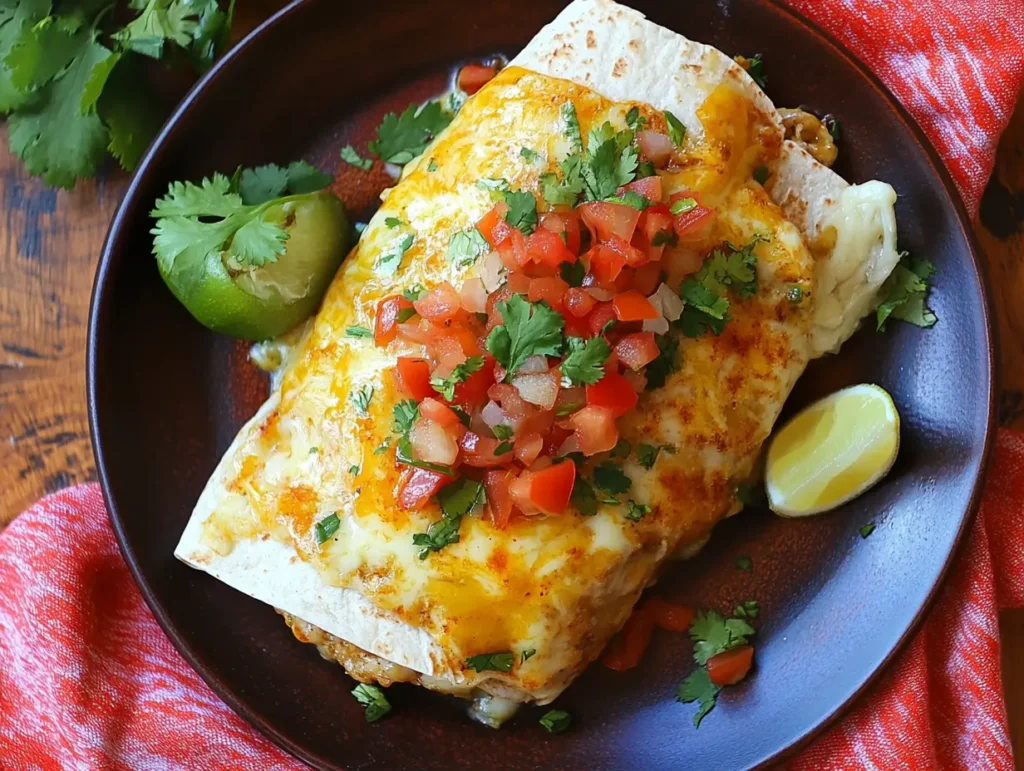 Green chile breakfast burrito topped with melted cheese, fresh pico de gallo, and cilantro, served on a black plate with lime wedges.