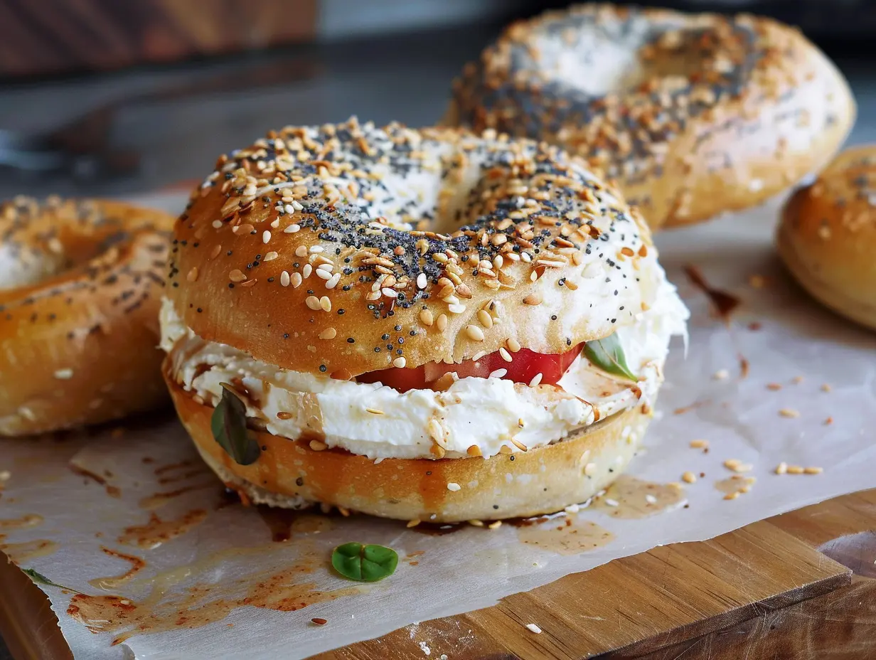 Everything bagel topped with cream cheese, tomato slices, and fresh basil, served on parchment paper.