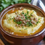 A bowl of shepherd's pie soup topped with creamy mashed potatoes, seasoned ground meat, and fresh parsley.