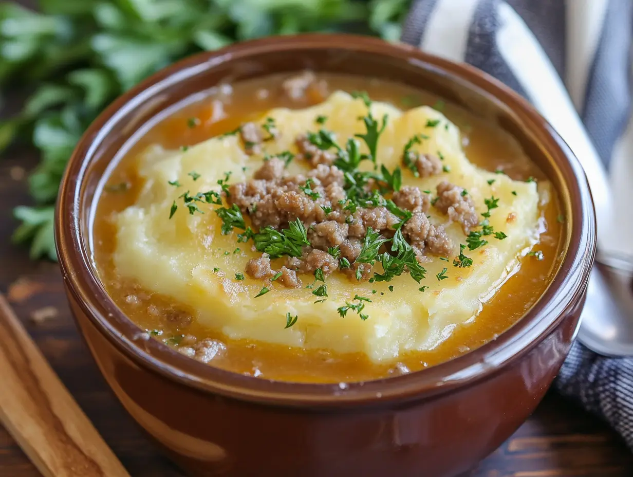 A bowl of shepherd's pie soup topped with creamy mashed potatoes, seasoned ground meat, and fresh parsley.